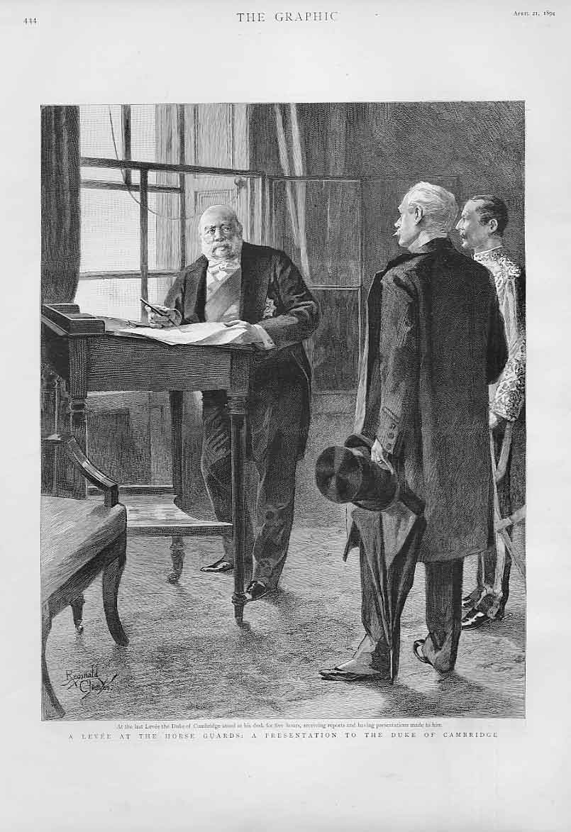 Original Old Antique Print A Levee At Horse Guards 1894 Duke Cambridge Victorian