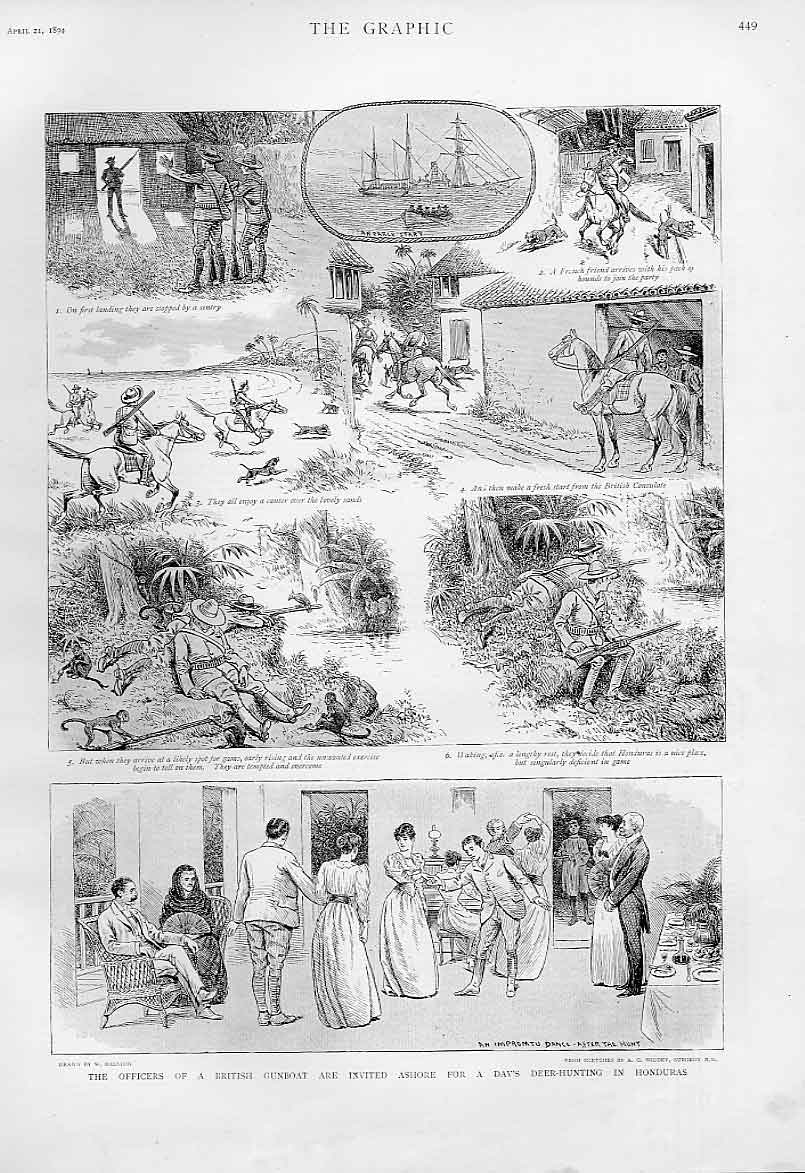 Original Old Antique Print Naval Officers Deer Hunt Honduras 1894 19th