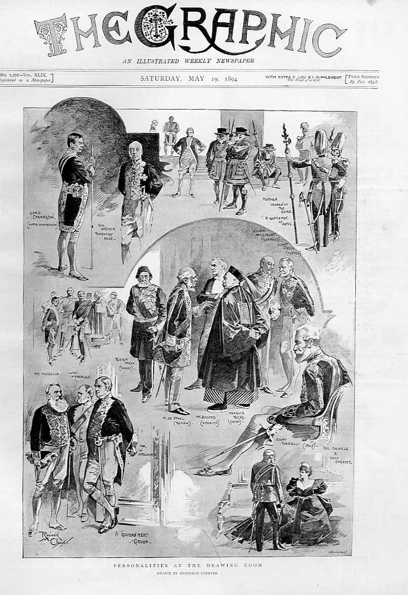 Original Old Antique Print Personalities At Kings Drawing Room 1894 Victorian
