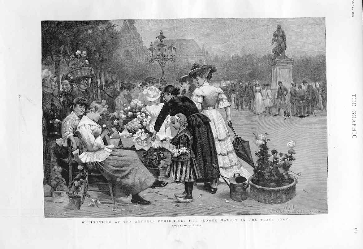Old Antique Print Flower Market Place Verte Antwerp Exhibition 1894 Holla 19th