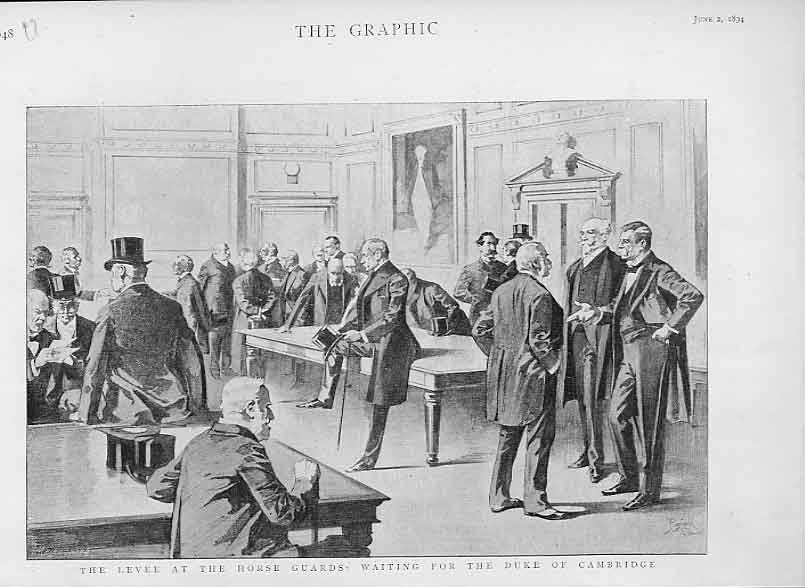 Original Old Antique Print Waiting Fo Duke Cambridge Levee Horse Guards 1894