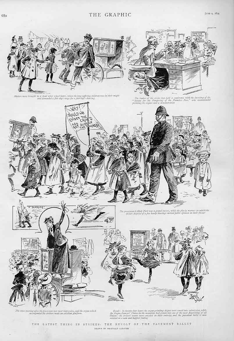 Original Old Antique Print Strikes ? Revolt Pavement Ballet 1894 19th
