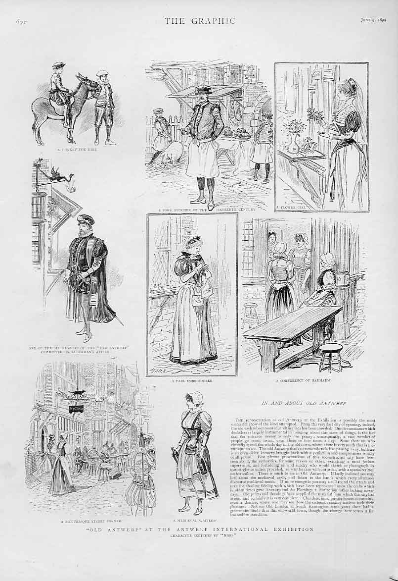Original Old Antique Print Antwerp International Exhibition Holland 1894 19th