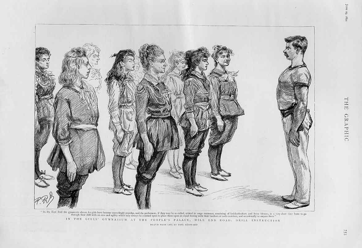 Original Old Antique Print Girls' Gymnasium Mile End Road 1894 London Victorian