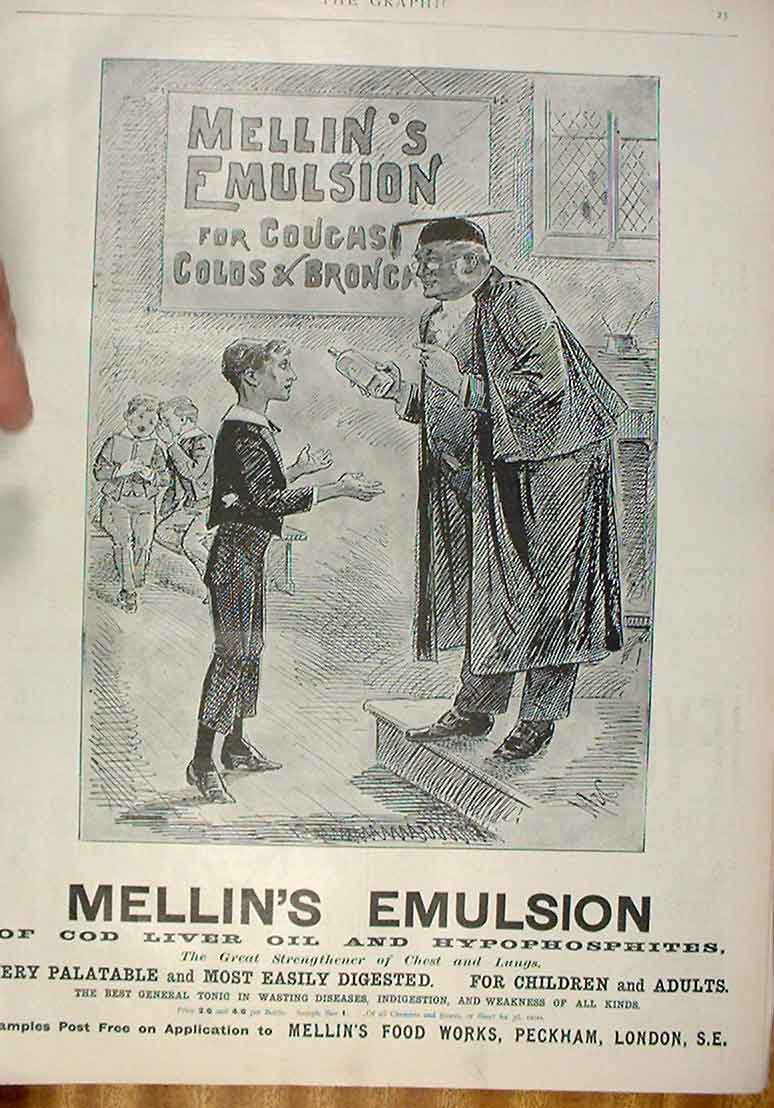 Original Old Antique Print Mellins Emulsion Advert 1896 School Boy & Maste 19th