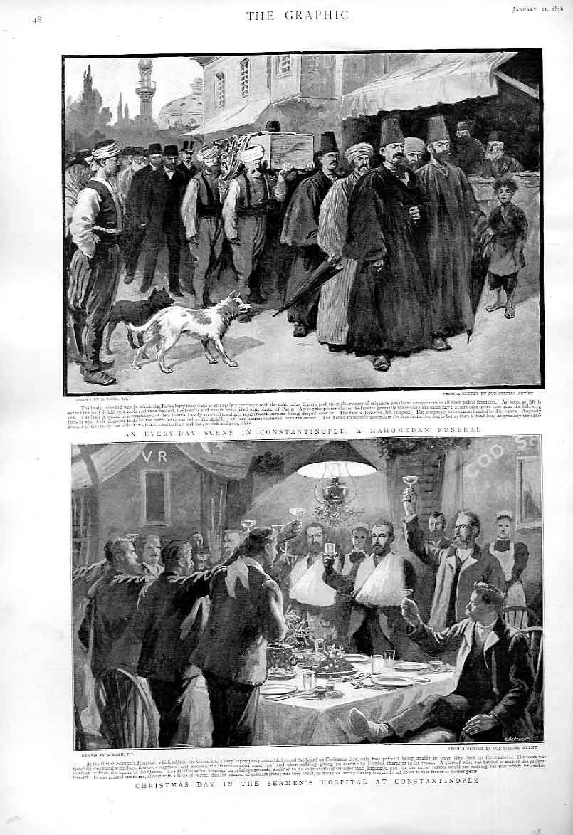Original Old Antique Print Christmas Day Seamens Hospital Constantinople 1896
