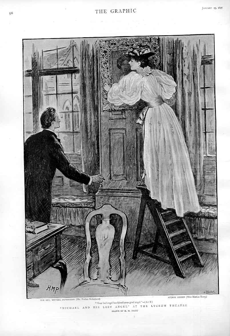 Original Old Antique Print Michael & His Lost Angel 1896 Lyceum Theatre 19th