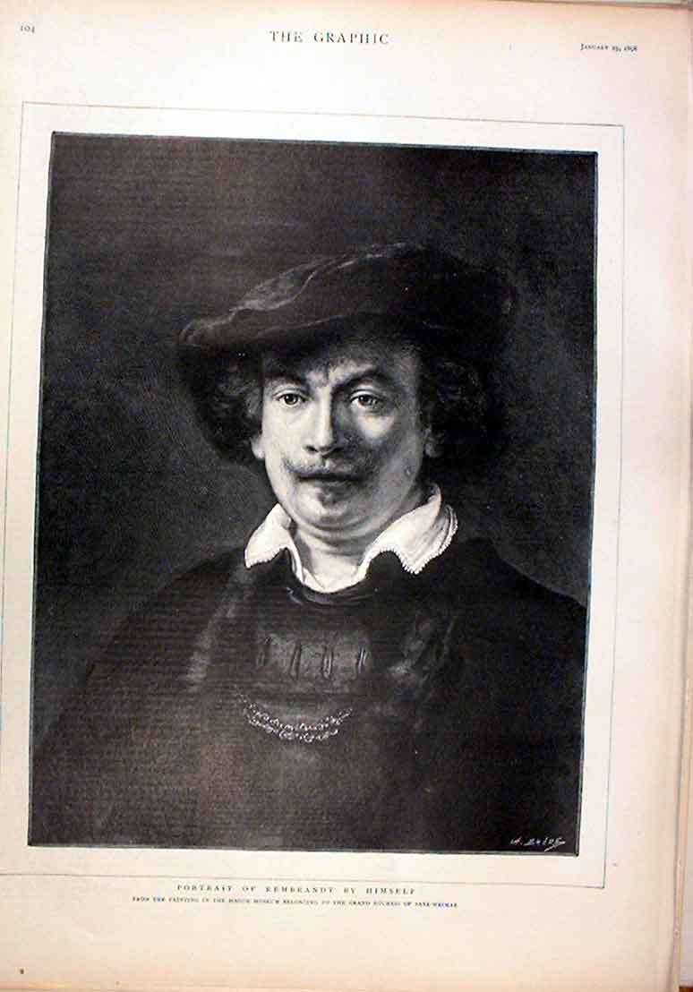 Original Old Antique Print Rembrandt By Himself Portrait 1896 19th