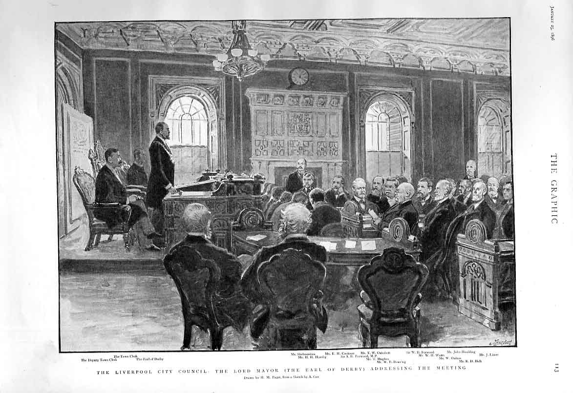 Original Old Antique Print Liverpool City Council Meeting 1896 19th