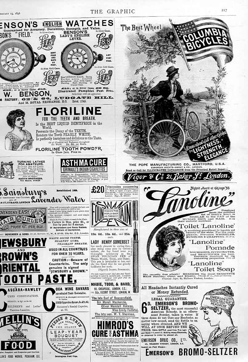 Original Old Antique Print Columbia Bicycles 1896 Advertisment 19th