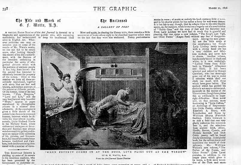 Original Old Antique Print Poverty Comes In Door Love Flies Out Window By Watts