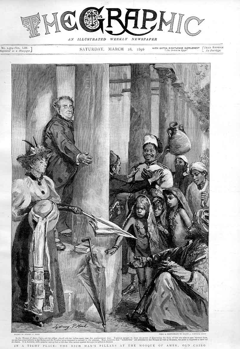 Original Old Antique Print Rich Mans Pillars At Mosque Amer Cairo 1896 Egypt