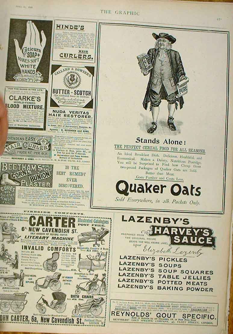 Original Old Antique Print Stand Alone Advert 1896 Quaker Oats Invalid Cha 19th