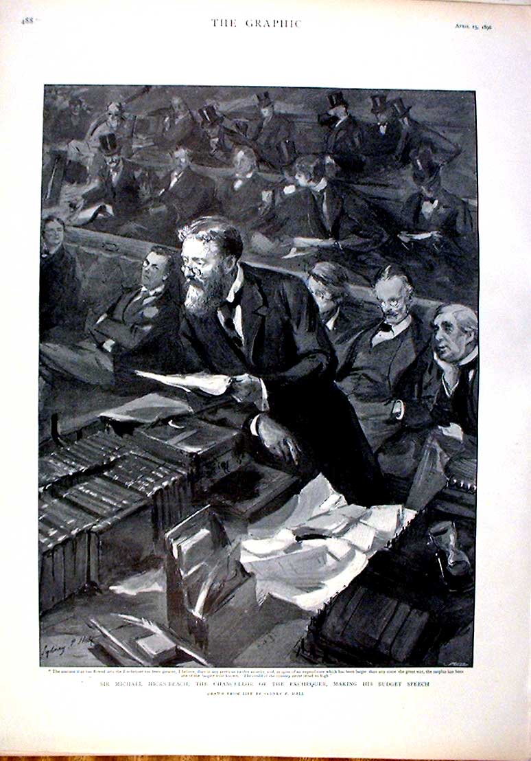Original Old Antique Print Michael Hick Beach Chancellor Portrait 1896 Victorian