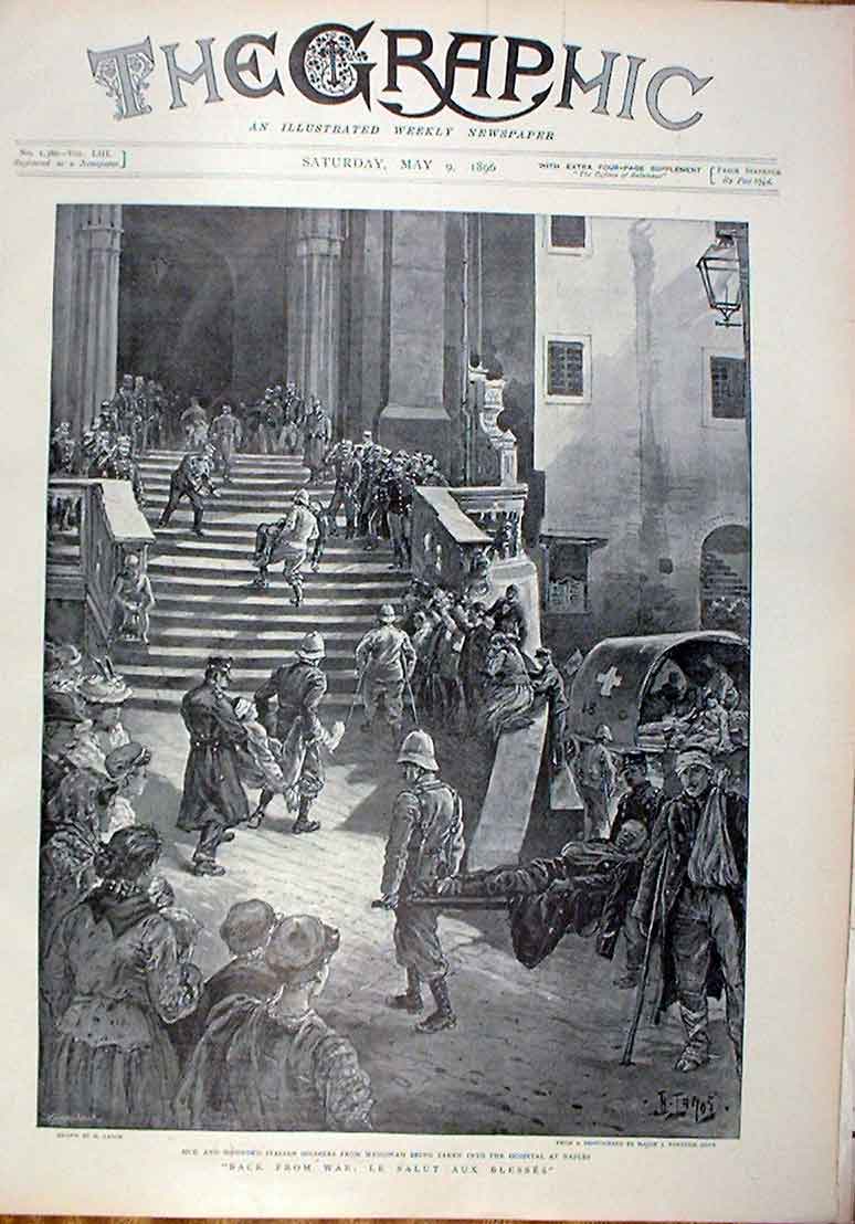 Original Old Antique Print Wounded Italian Siers Hospital Naples 1896 Italy 19th
