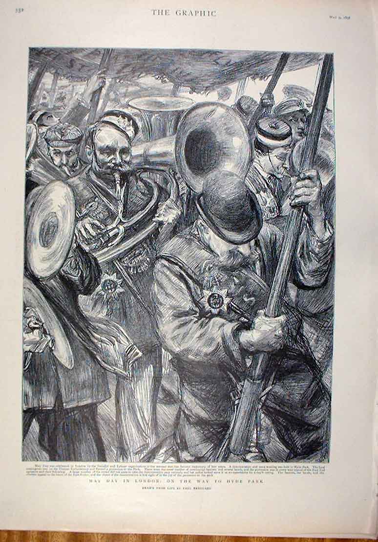 Original Old Antique Print Mayday London On Way To Hyde Park 1896 19th