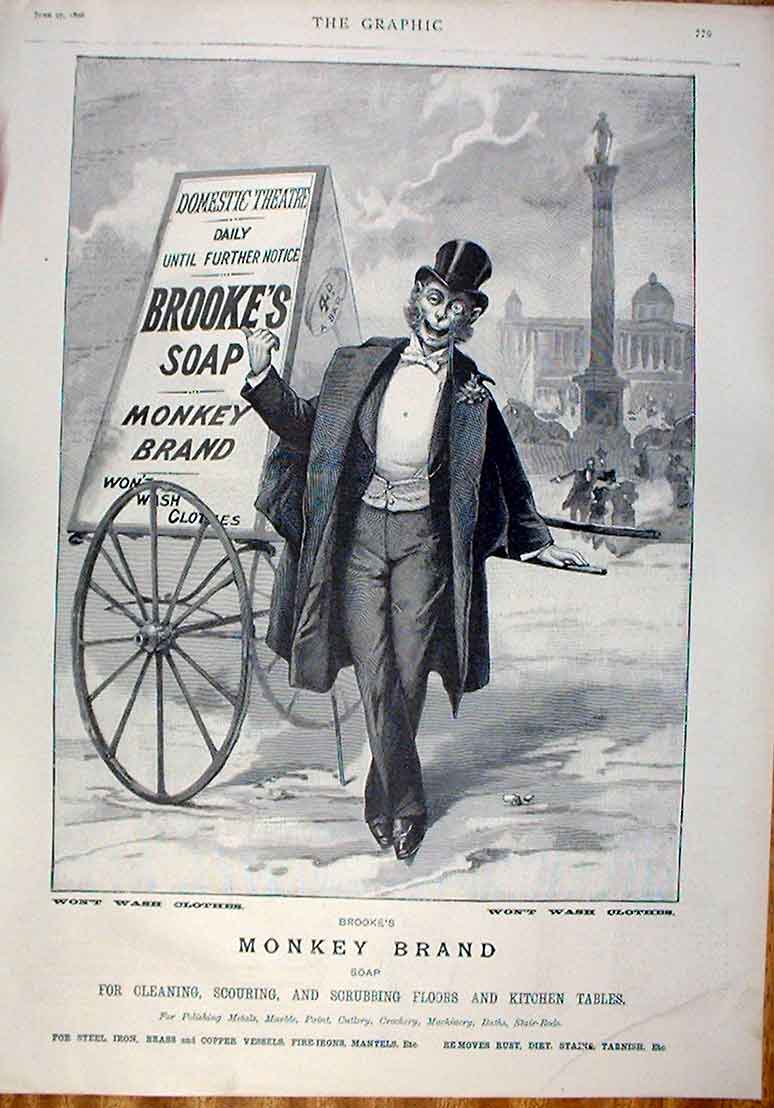 Original Old Antique Print Sandwich Board Advert 1896 Brookes Monkey Soap 19th