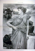 Original Old Antique Print Girl At The Fountain By Leighton Fine Art 1896 19th