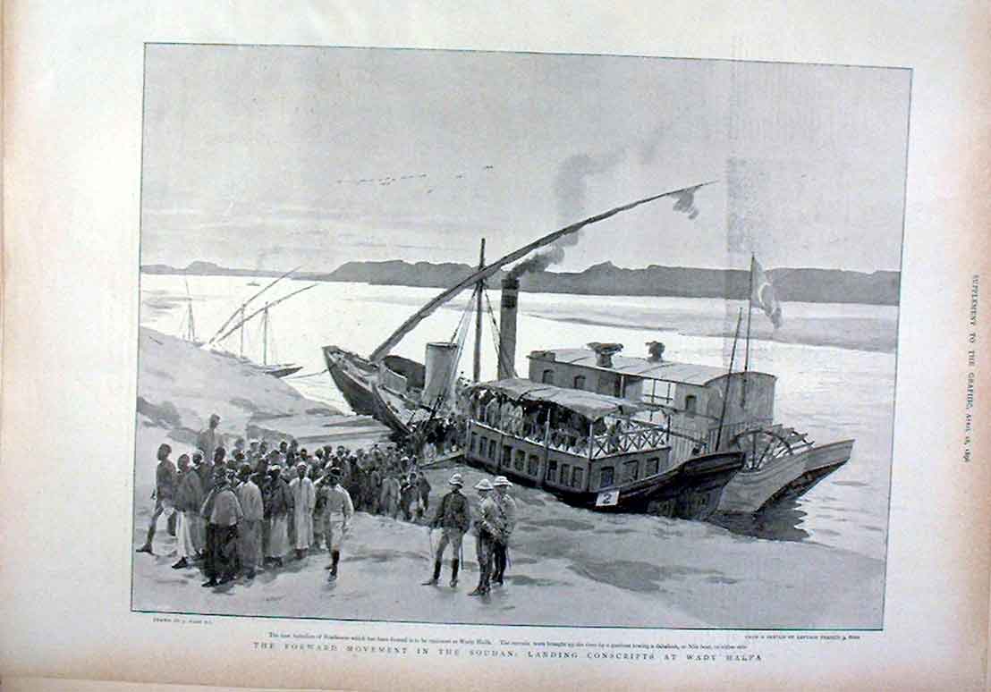 Original Old Antique Print Landing Conscripts Wady Halfa Soudan 1896 Victorian