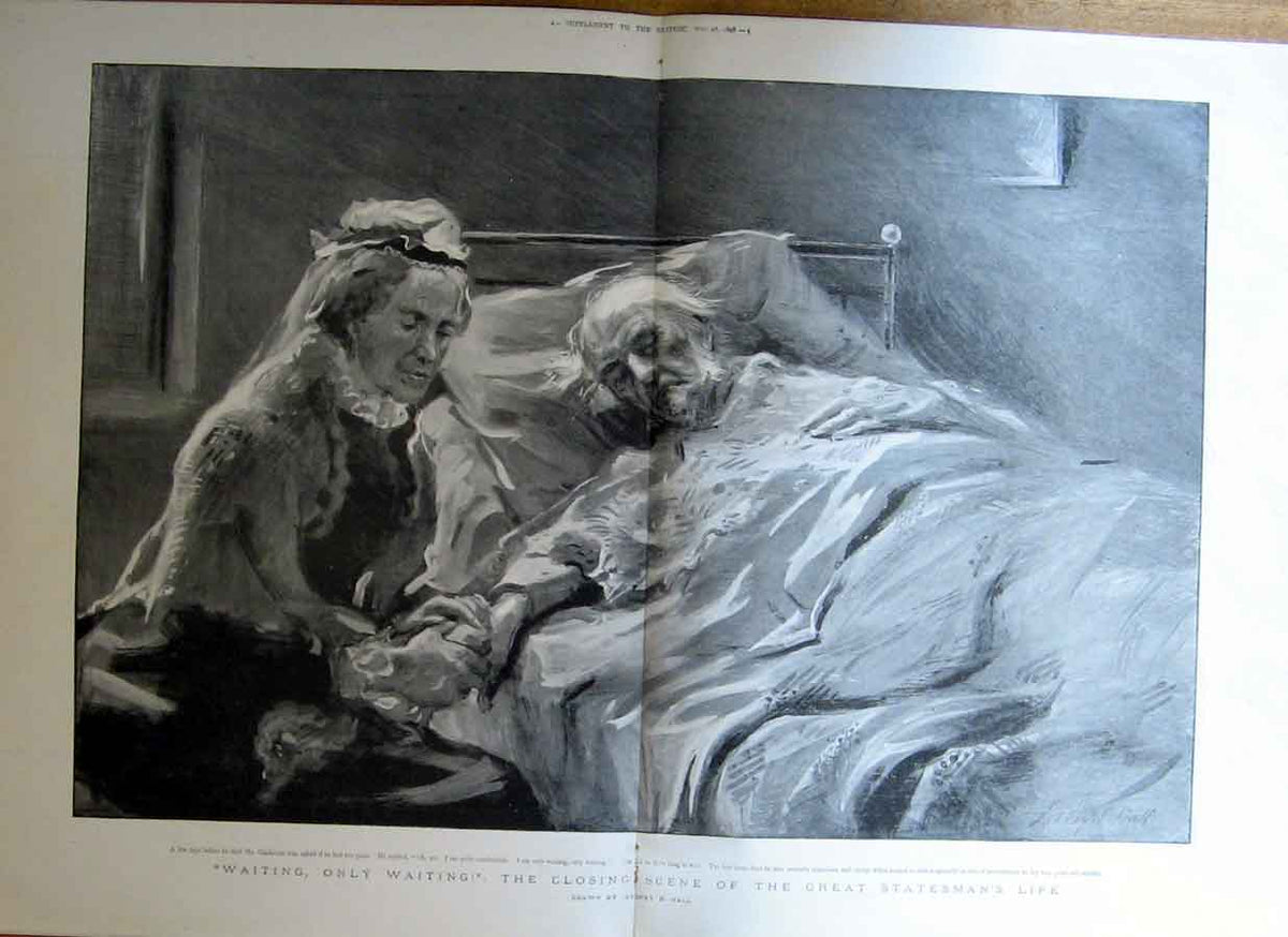 Original Old Antique Print Gladstone On His Deathbed 1898 19th