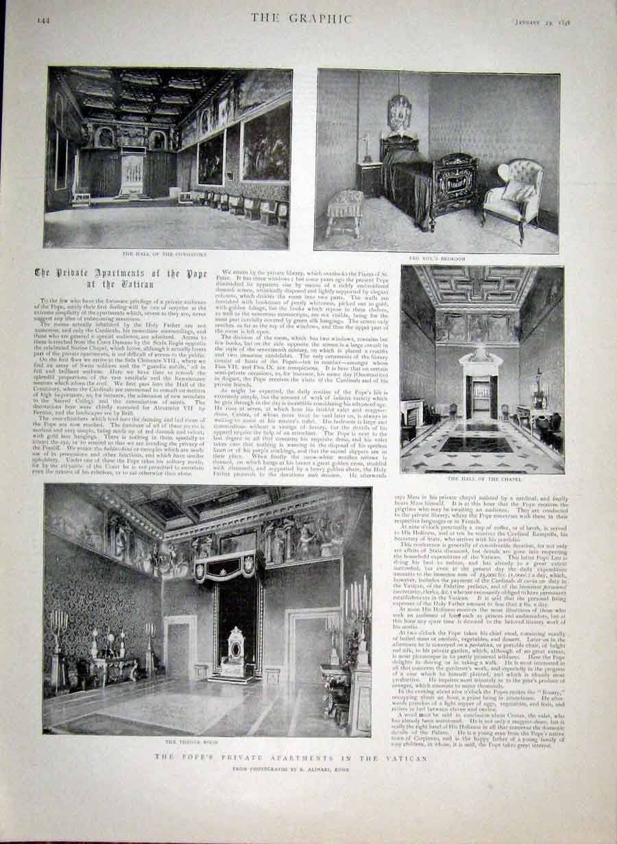 Original Old Antique Print Popes Private Apartments In Vatican 1898 Rome 19th