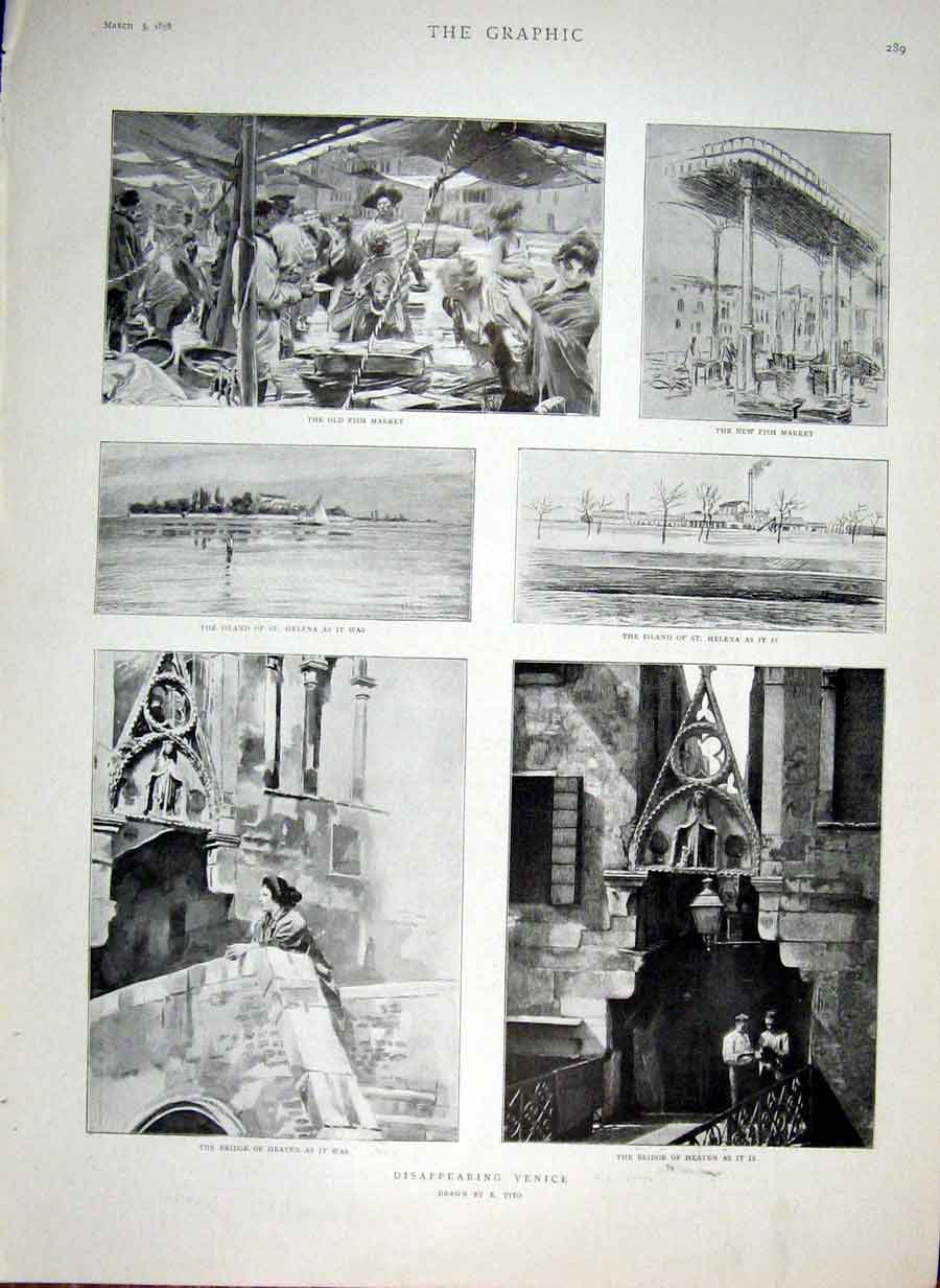 Original Old Antique Print Disappearing Venice 1898 Italy 19th Century