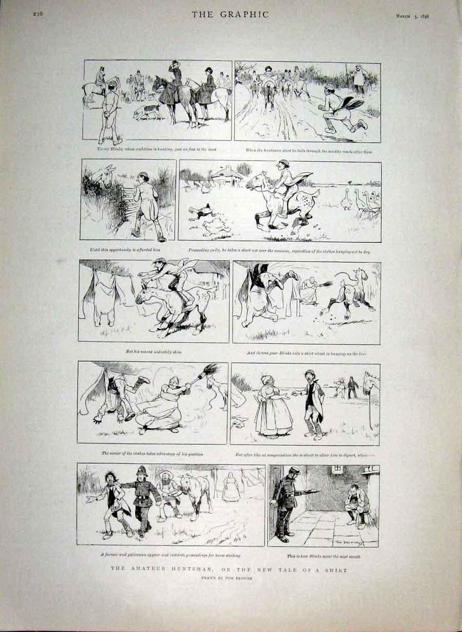 Original Old Antique Print Amateur Huntsman Or Tale New Shirt 1898 Victorian