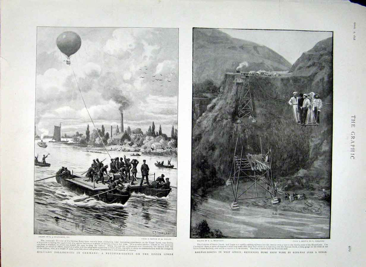 Old Antique Print Military Ballooning Germany 1898 Railway Making Africa 19th