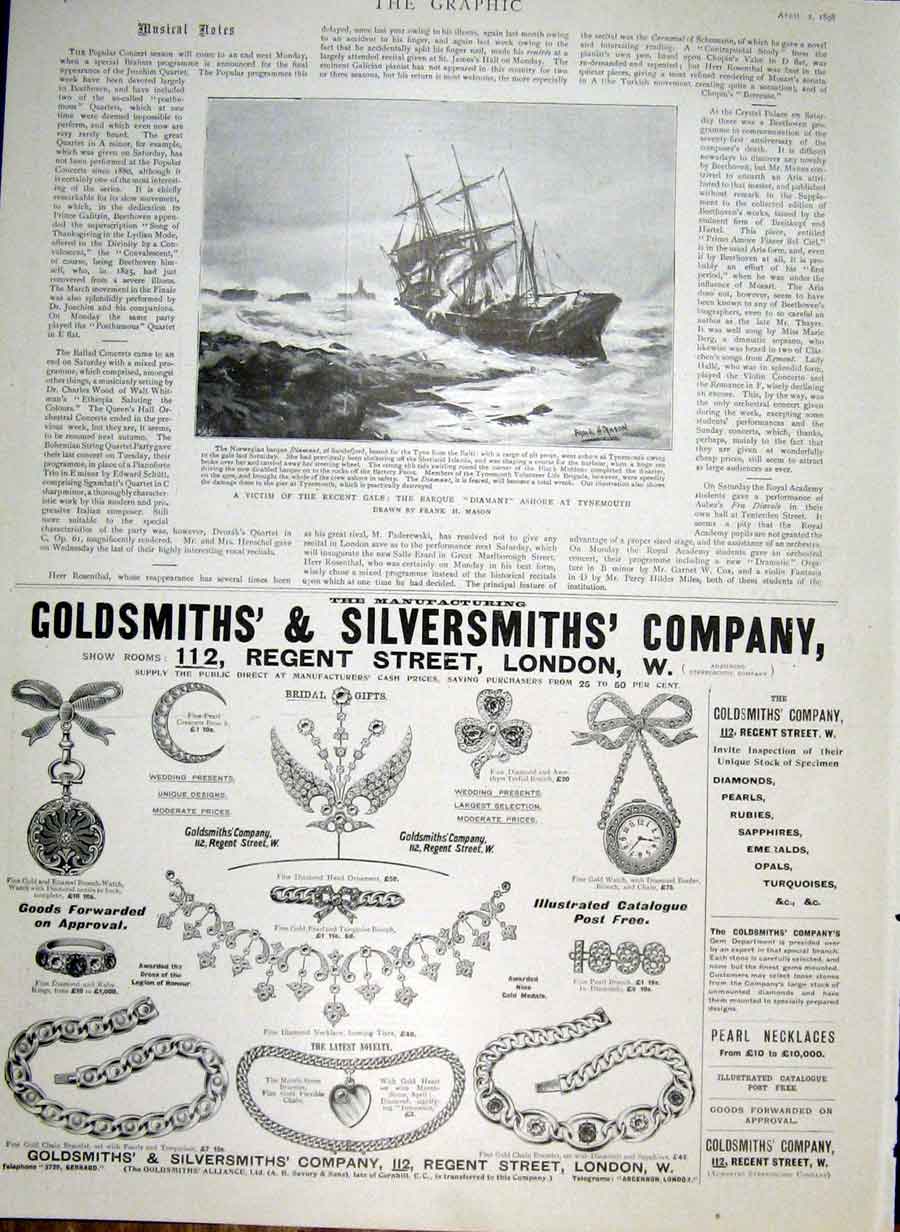 Original Old Antique Print Barque Diamant Asghore At Tynemouth 1898 Ship 19th
