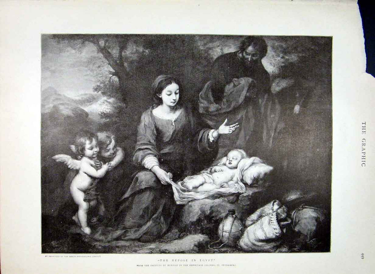 Original Old Antique Print Repose In Egypt By Murillo Fine Art 1898 Victorian
