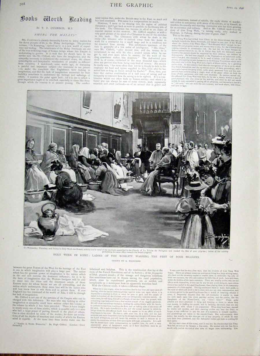 Original Old Antique Print Holyweek Rome Ladies Wash Feet Poor 1898 Victorian