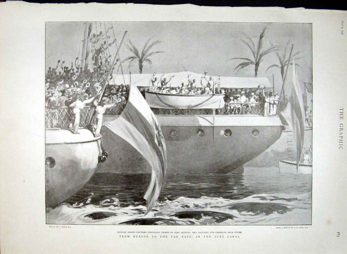 Original Old Antique Print From Europe To Far East Via The Suez Canal 1898 19th