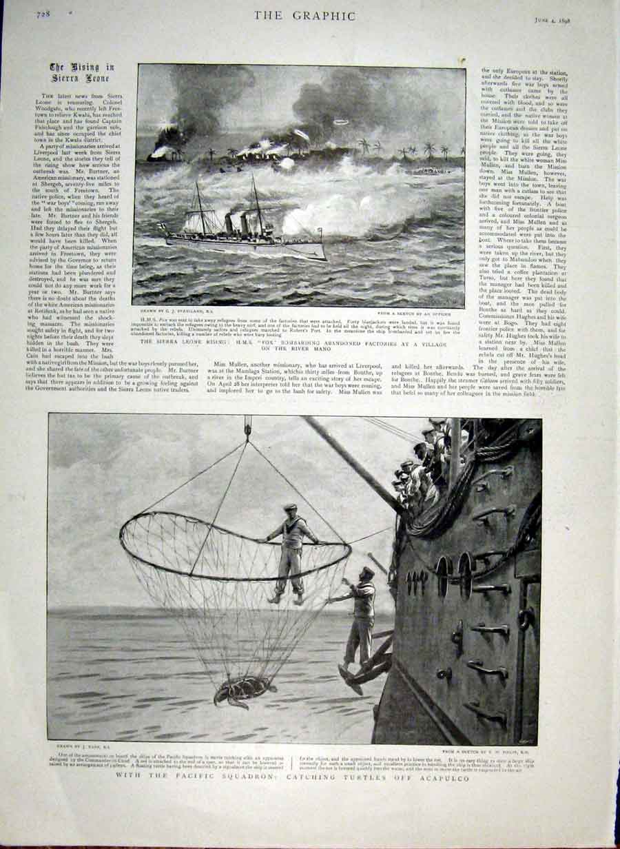 Old Antique Print Catching Turtles Off Acapulco 1898 Sierra Leone Villag 19th