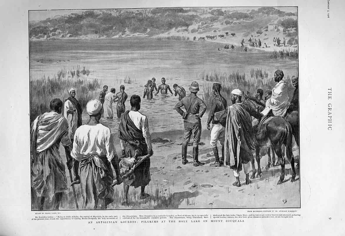 Original Old Antique Print Holy Lake Mount Zouquala Abissinia Lourdes
