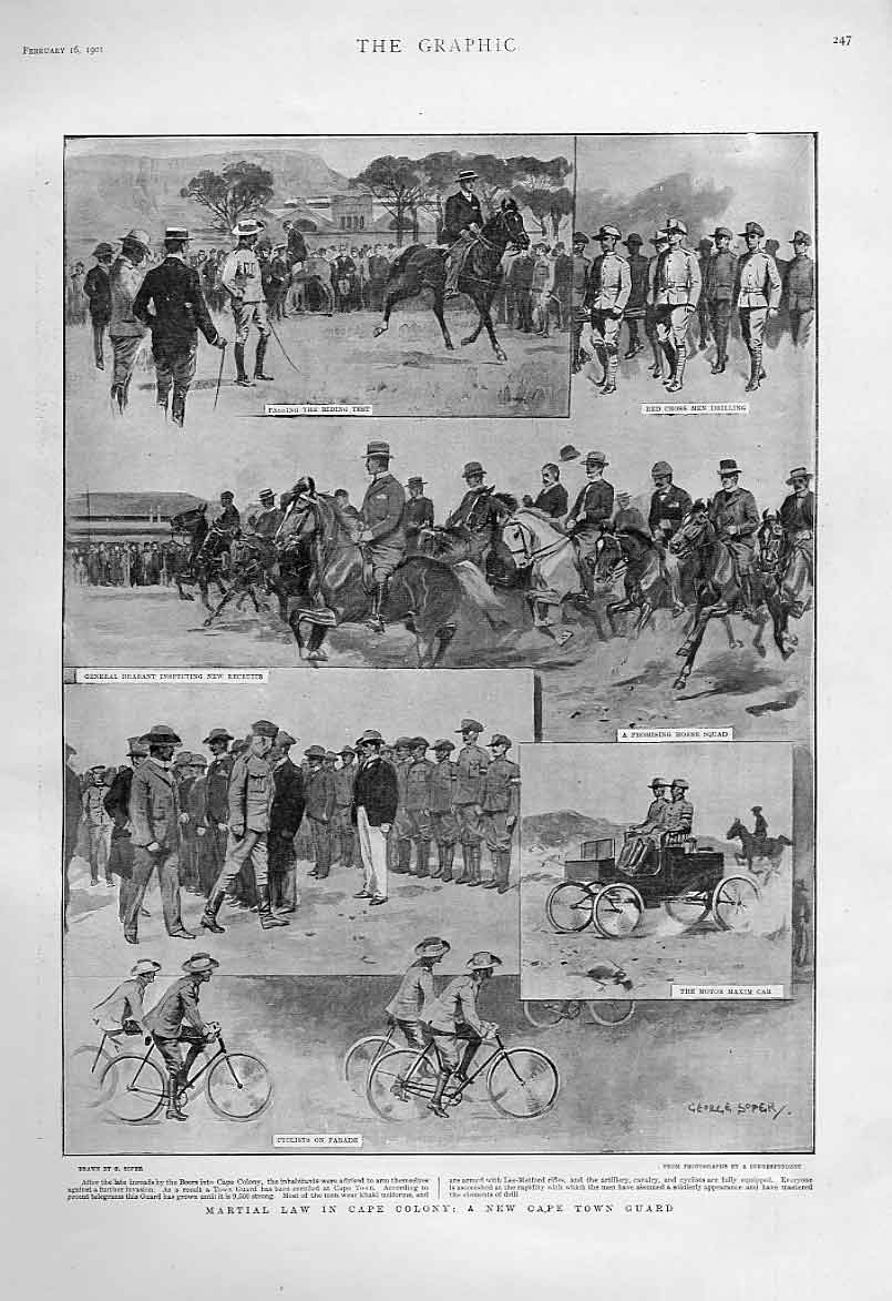 Original Old Antique Print Martial Law Africa New Cape Town Guard 1901 Victorian
