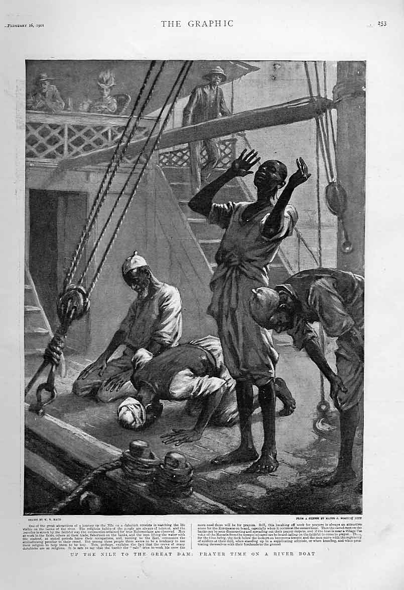 Original Old Antique Print Prayer Time River Boat On Nile 1901 20th
