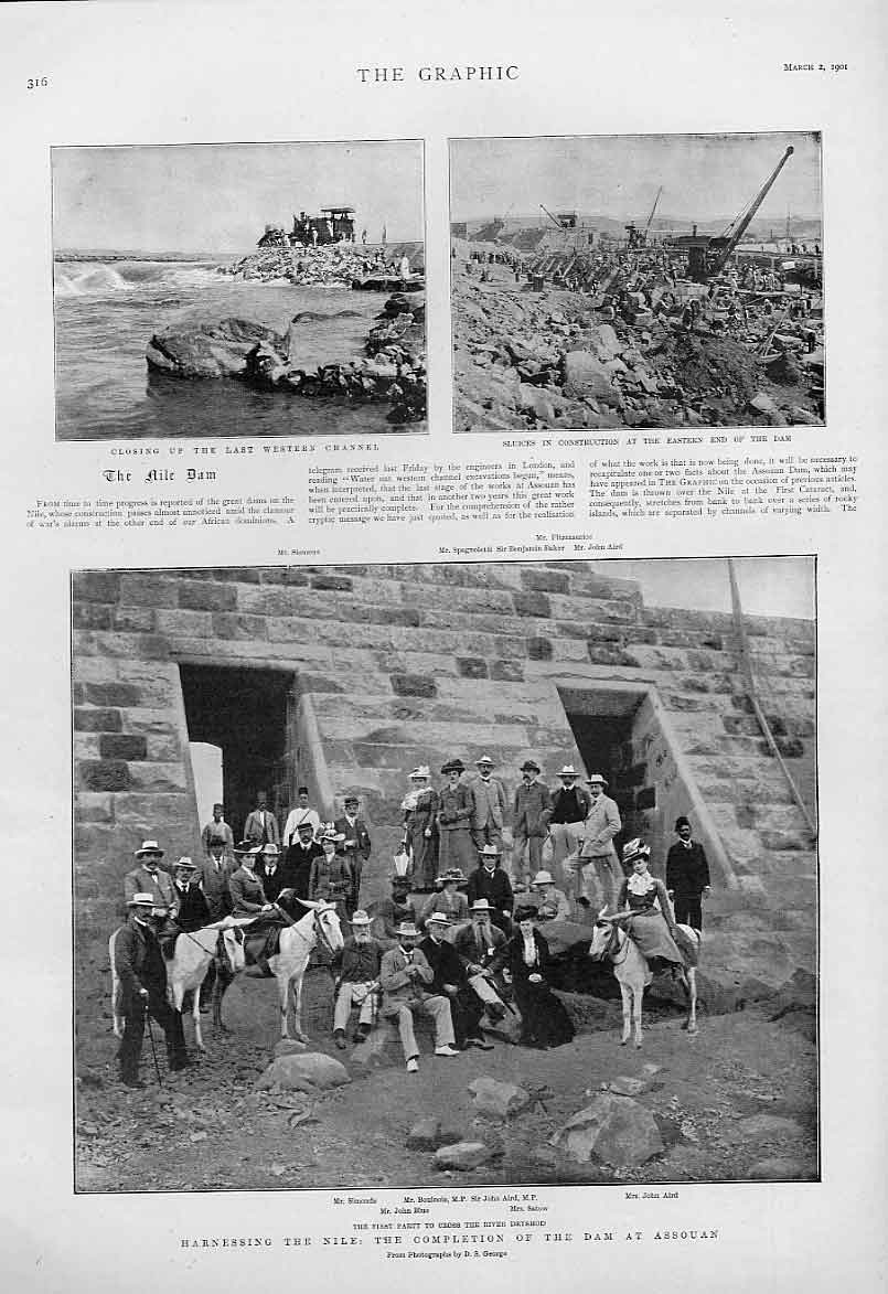 Original Old Antique Print Completion Assouan Dam On Nile Egypt