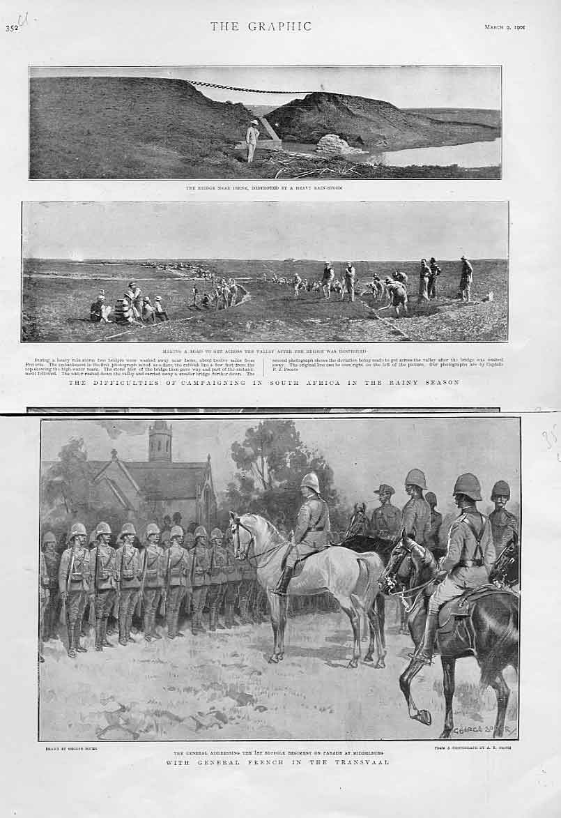 Original Old Antique Print Rainy Season & Gen French In Transvaal 1901 20th