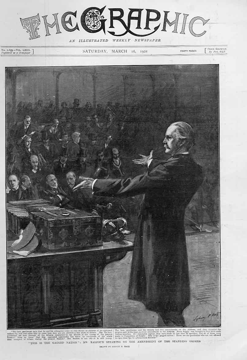Original Old Antique Print Balfour Speaking In House 1901 20th Century