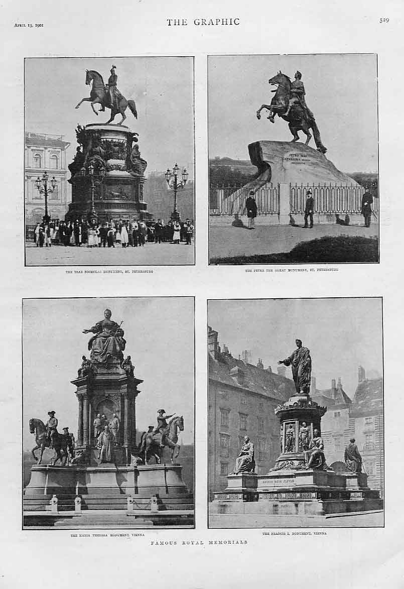 Original Old Antique Print Royal Memorials St Petersberg Russia & Vienna Austria