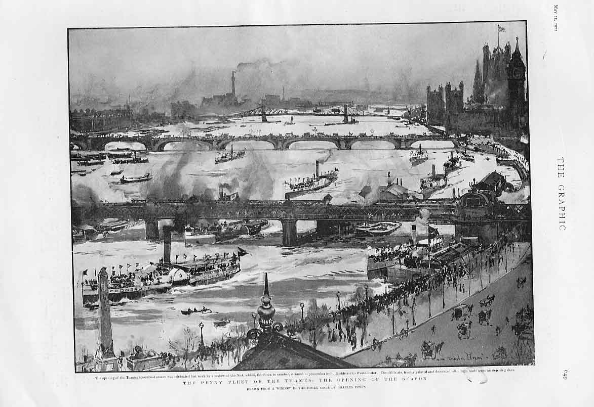 Original Old Antique Print The Penny Fleet The Thames 1901 Ships 20th