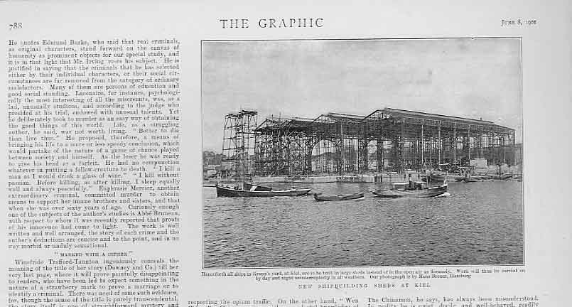 Original Old Antique Print Ship Building Sheds Kiel 1901 Germany 20th