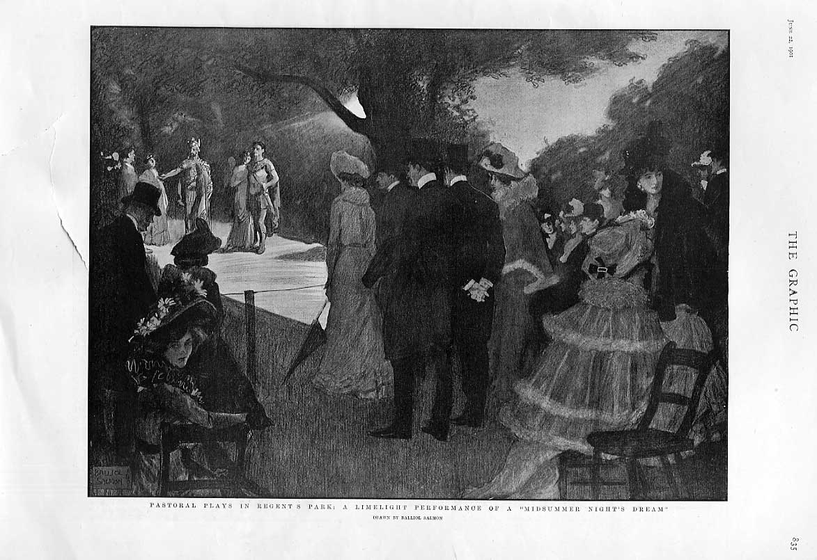 Original Old Antique Print Mid Summers Night Dream Regent Park 1901 Theatre 20th