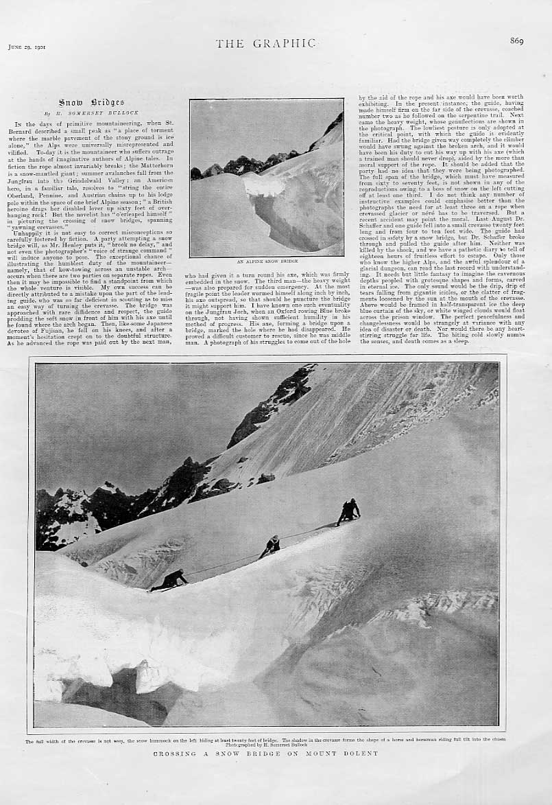 Original Old Antique Print Crossing Snow Bridge On Mount Dolent Alps