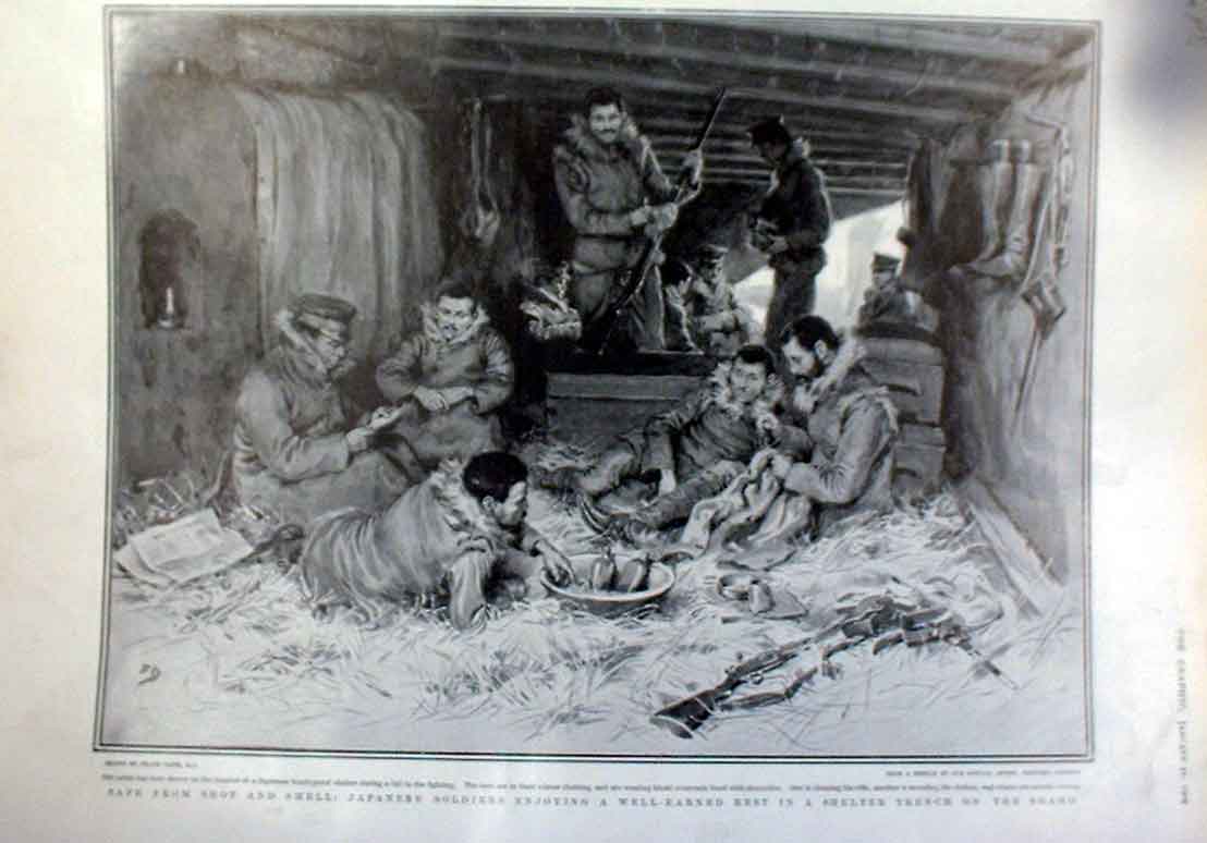Original Old Antique Print Japanes Siers Safe In Shelter On The Ship Shaho