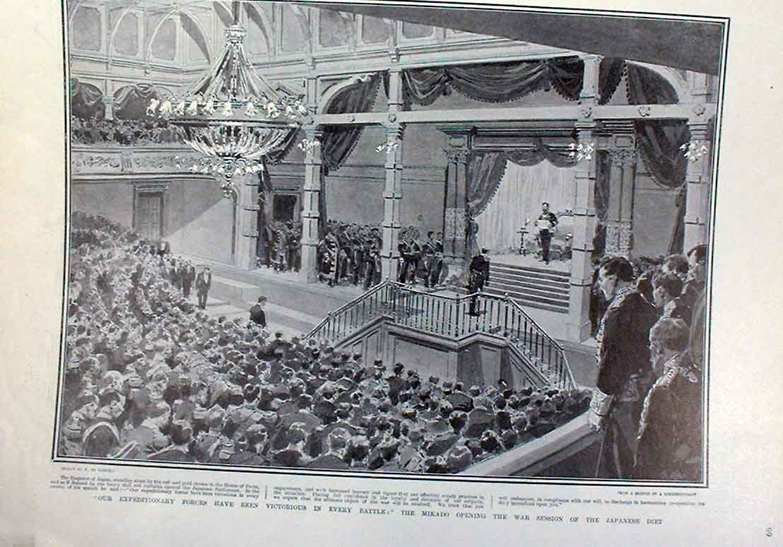Original Old Antique Print Mikado Opening War Session Japanese Diet 1905 20th