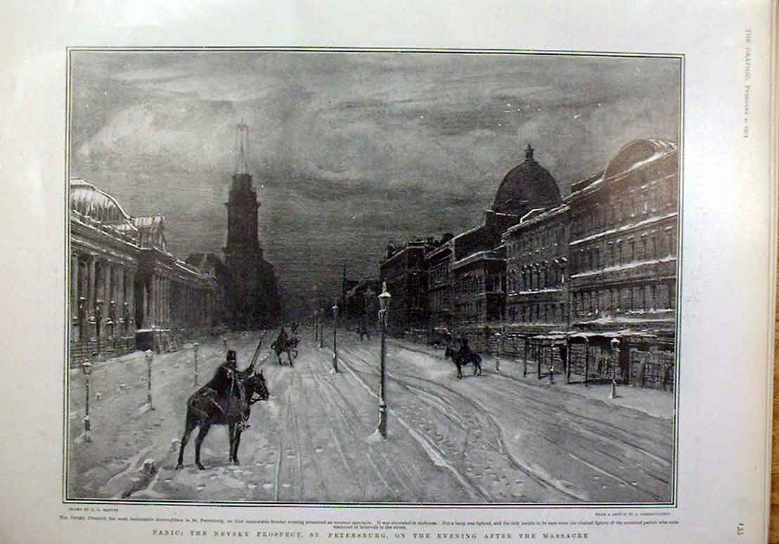 Original Old Antique Print St Petersburg Evening After The Massacre 1905 20th