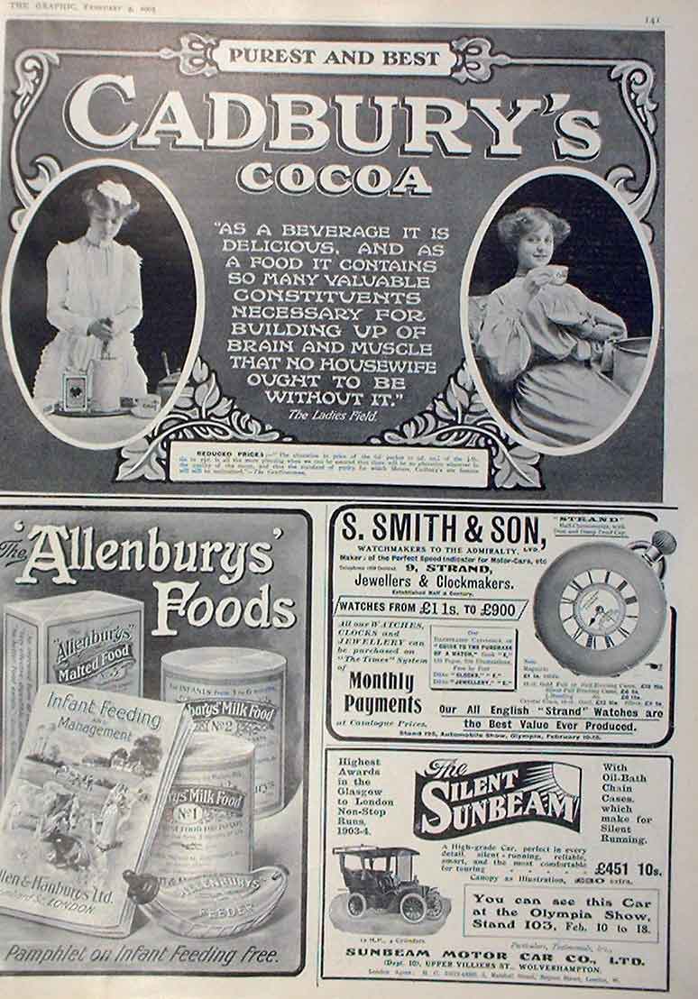 Original Old Antique Print Cadburys Cocoa Smith Watches Sunbeam Car 1905 Adverts