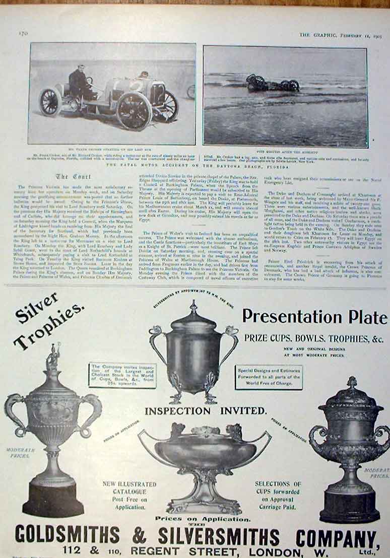 Original Old Antique Print Fatal Accident Daytona Beach Florida 1905 Cars 20th