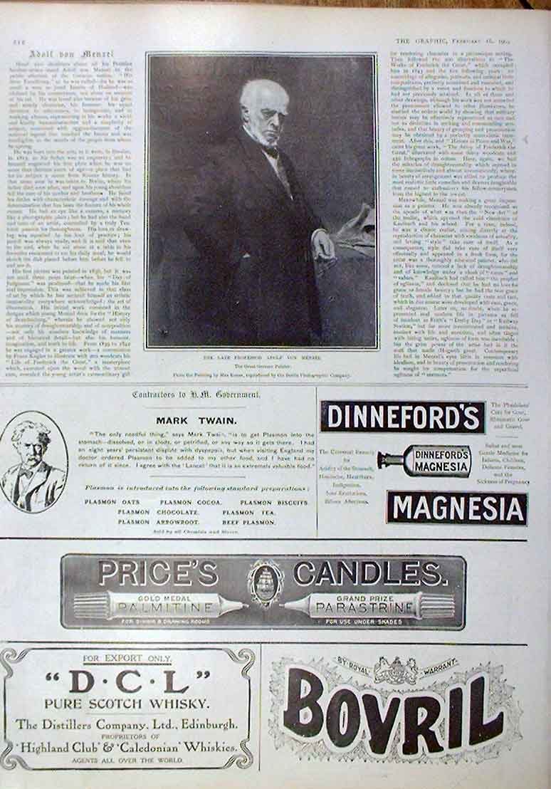 Original Old Antique Print Professor Adolf Von Menzel 1905 Portrait 20th Century